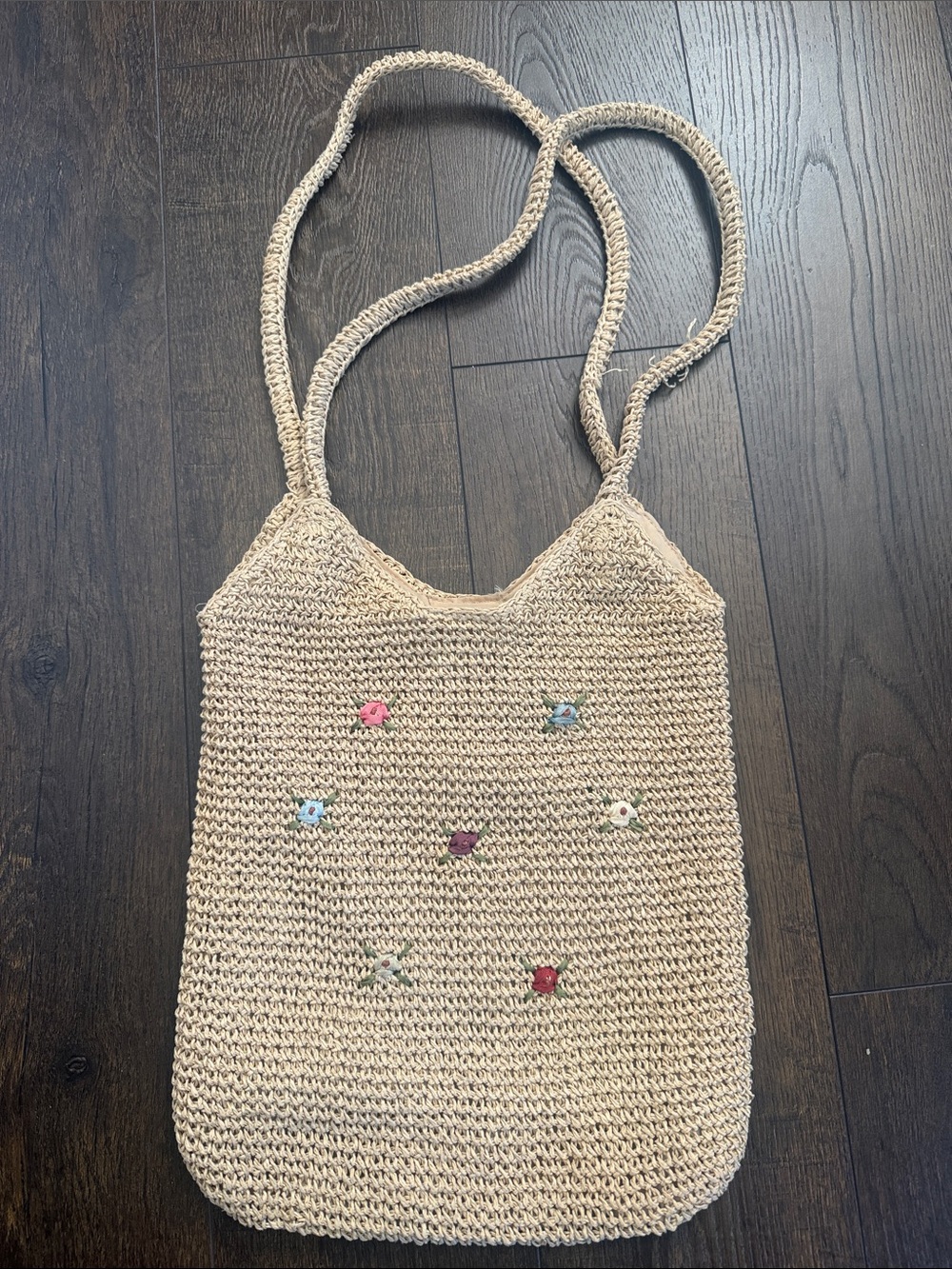 Handwoven Cream Crochet Tote with Multi-Color Floral Details